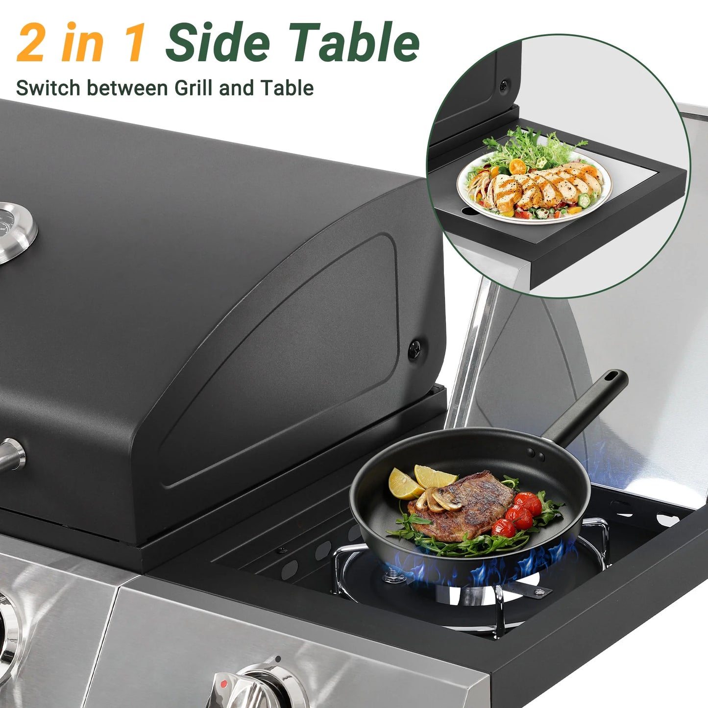 40000 BTU Propane Gas Grill, 3 Burner Barbecue Grill with Side Burner, Built-in Thermometer and 2-in-1 Side Table, Portable Stainless Steel Grill for Outdoor BBQ, Camping, Patio