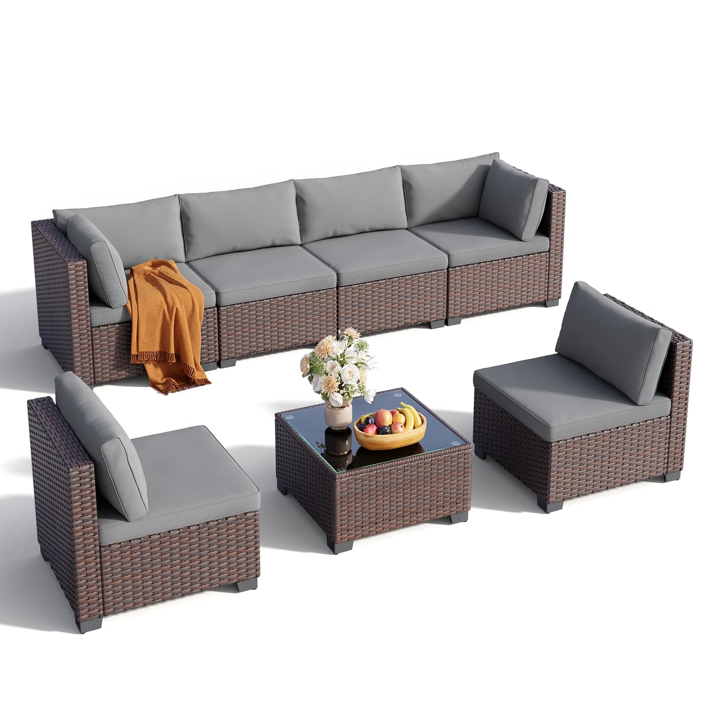 7 Piece Outdoor Patio Furniture Set, Asofer Rattan Wicker Outdoor Conversation Sectional Sofa Set, Gray