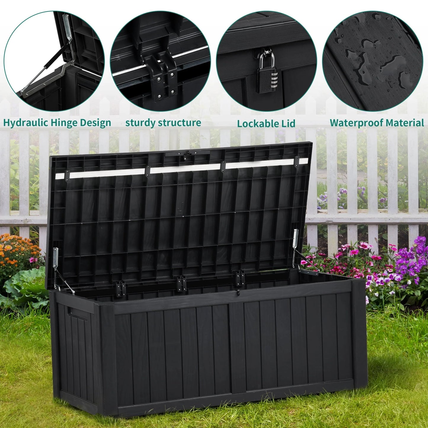 Dextrus 120 Gallon Outdoor Storage Deck Box, Large Resin Patio Storage for Outdoor Pillows, Garden Tools and Pool Supplies, Waterproof, Lockable (Black)