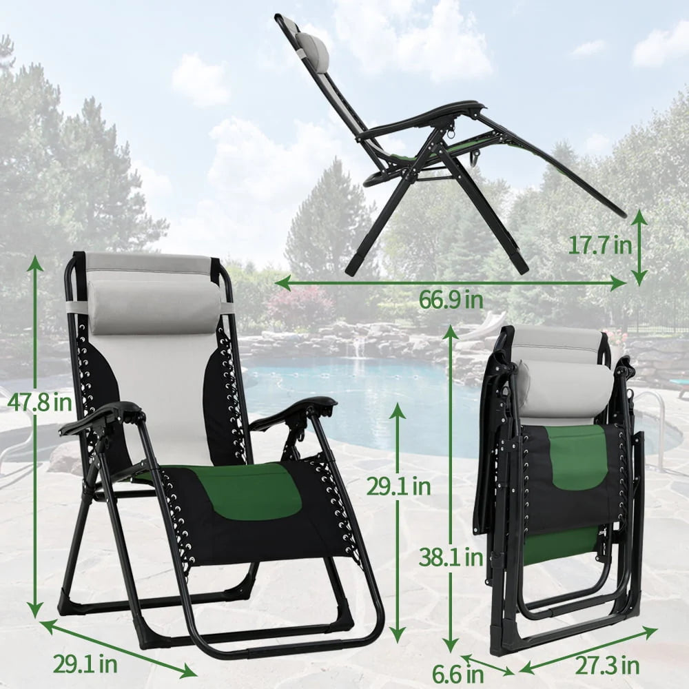Zero Gravity Chair Oversized Patio Recliner Lounge Chair Patio Lounge Chairs with Adjustable Headrest Support Padded Seat & Back for Outside Patio Pool Deck Camping, Green