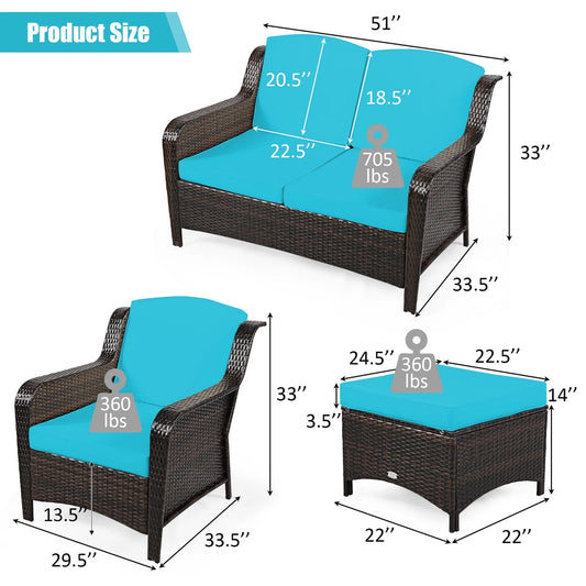 Gymax 5PCS Rattan Patio Conversation Sofa Furniture Set Outdoor w/Turquoise Cushions