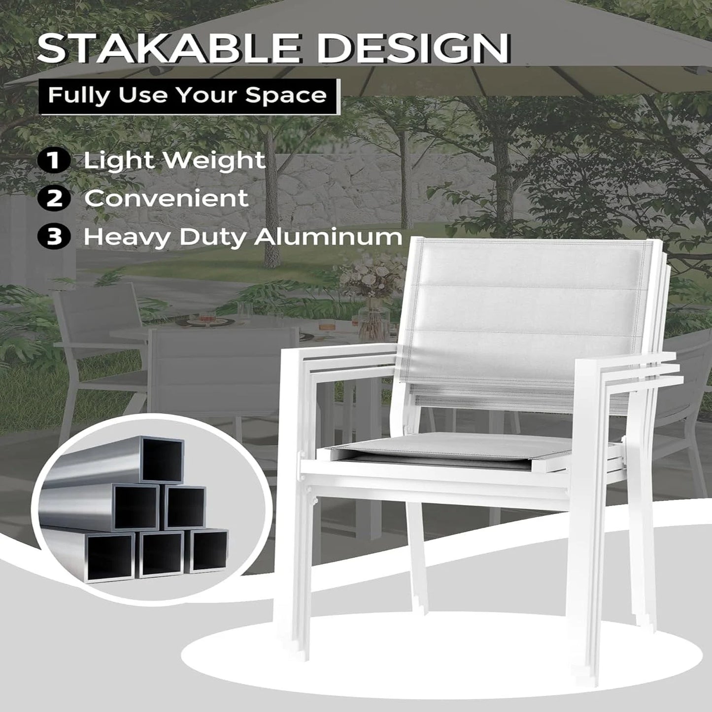 2 Piece Metal Patio Stackable Dining Chairs Set,Ventilated Material Stackable Outdoor Chairs Textilene Fabric Outdoor Aluminum Stacking Dining Chair Patio Dining Chairs