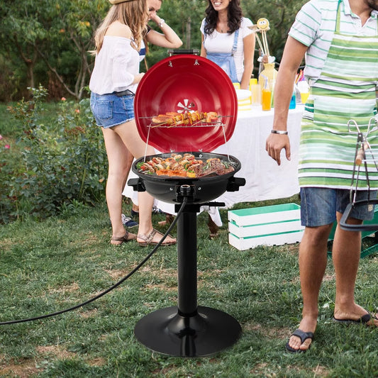HAPPYGRILL 1600W Electric Grill Outdoor, Portable BBQ Grill with Warming Tray, Removable Non-Stick Grill Rack, Adjustable Temperature& Oil Drip Tray for Patio, Camping, Picnic,Red