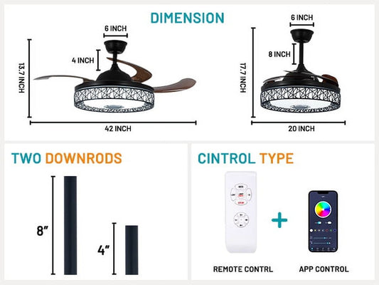 42" Black Nest Ceiling Fan with Color-Changing LEDs & Bluetooth Speaker - Retractable Smoked Blades, 5000 CFM Quiet Motor, APP/Remote Control for Living Room/Patio