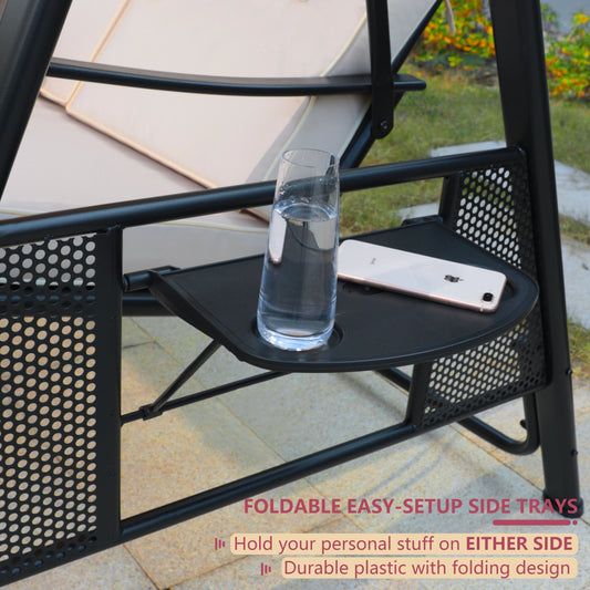 VEIKOUS 3-Seat Porch Swing Glider Outdoor with Adjustable Canopy and Side tables for Patio, Beige