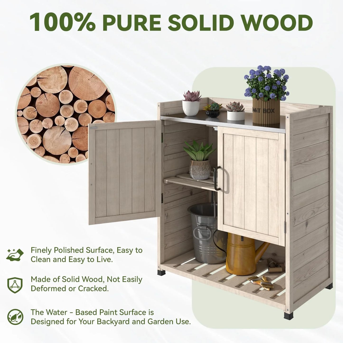 YODOLLA Potting Bench, Wooden Outdoor Storage Cabinet with Adjustable Shelf, Patio Storage with Metal Tabletop, Potting Table for Garden, Patio and Lawns, Gray
