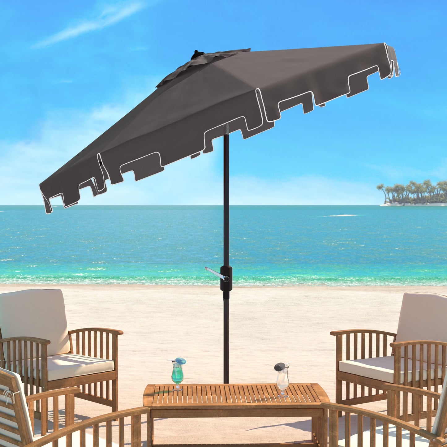 SAFAVIEH Zimmerman 11' Market Crank Round Patio Umbrella, Baby Blue/White