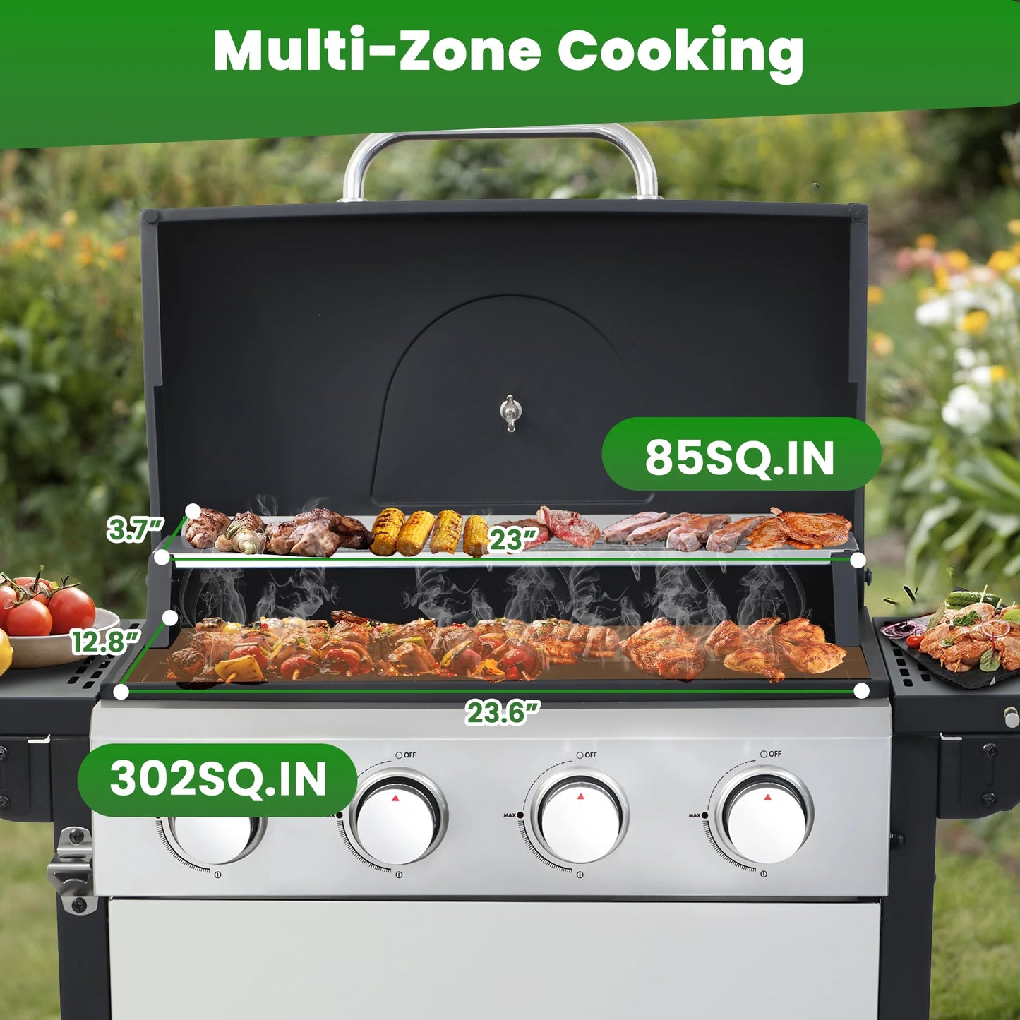 BBQ Grill, Seizeen Gas Grill with Side Burner, 40,000BTU 3-Burner Propane Grill w/Storage Cabinet, Steel Brush, Stainless Steel Camping for Backyard Patio, Portable Design on Wheels
