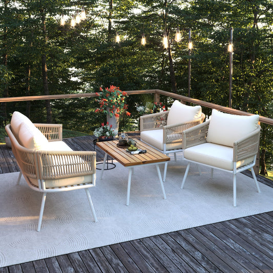 Outdoor Furniture With Thick Cushions & Wood Frame - Beige Rope Patio Fade- Exotic