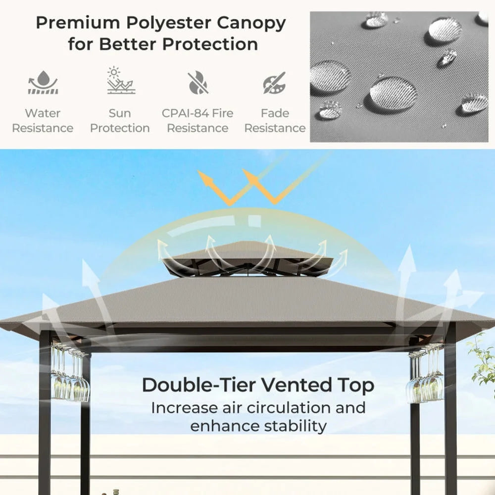 Spaco 3-Piece Patio Bar Set with A Heat-Resistant Tempered Glass Top, Grill Gazebo & 2 Bar Stools with Tempered Glass Bar Table, Bar Set for Outdoor, Brown