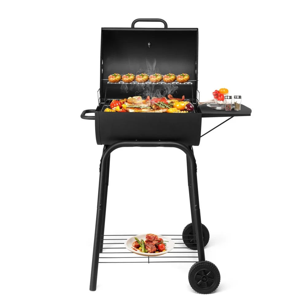 IVV Outdoor Charcoal Grill with Foldable Side Table, Moveable BBQ Grill w/Built-in Thermometer, Removeable Ash Rray Perfect for Picnics Patio Garden and Backyard Grilling, Black