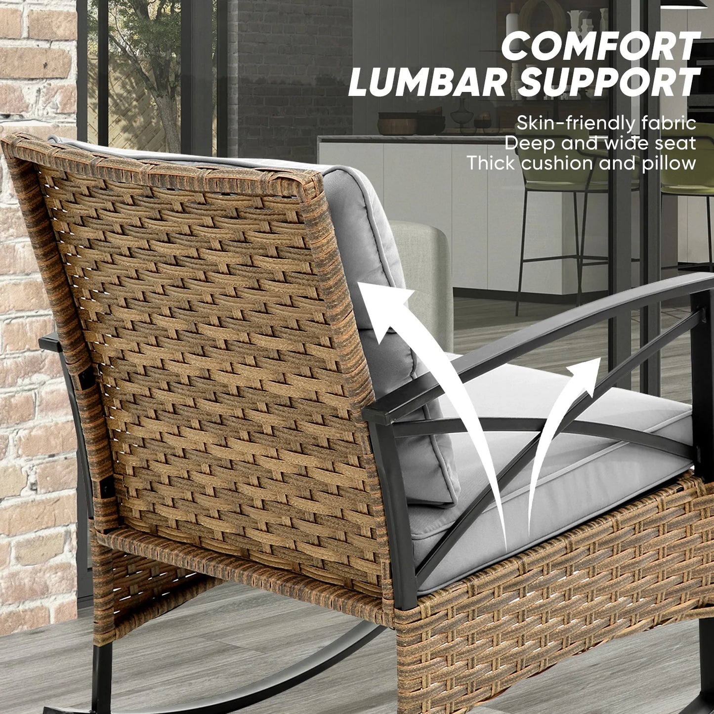 3 Pieces Patio Outdoor Conversation Set, Patio Furniture Bistro Set with 2-Tier Coffee Table, PE Wicker Rocking Chairs with Blue Cushions for for Backyard Porch Poolside
