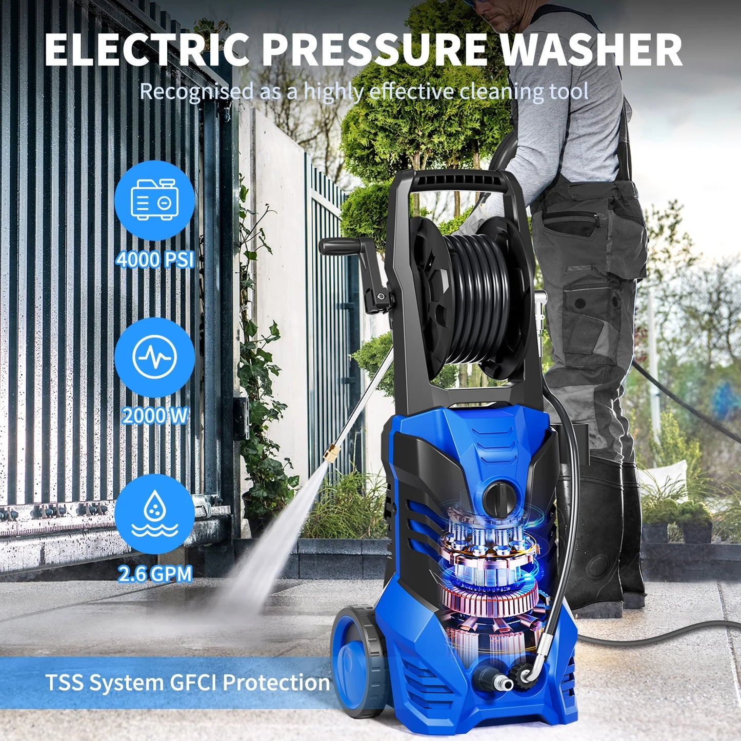 Furnibear 3800 PSI Electric Pressure Washer - Lightweight with Wheels, Easy to Assemble, Includes 5 Nozzles for Cars, Fences, Patios & Driveways