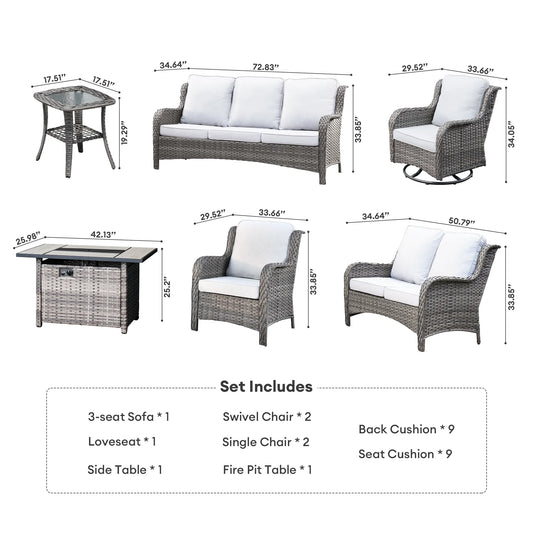 Vcatnet 8 Pieces Outdoor Patio Furniture Sectional Sofa All-weather Conversation Set with Swivel Rocking Chairs and Fire Pit Table for Garden,Poolside,Gray