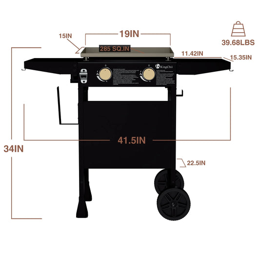 KingChii 2-Burner 19" Propane Griddle Outdoor Flat Top Gas Grill Griddle for Camping, Tailgating, BBQ, Parties, Backyard & Patio