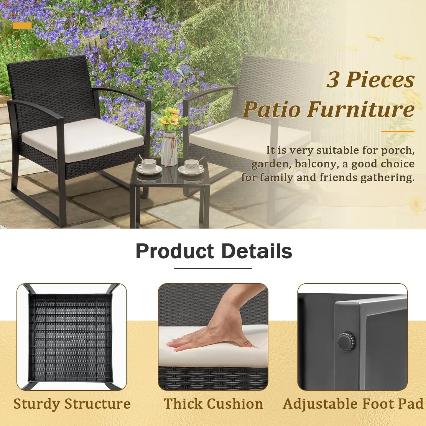 Devoko 3 Pieces Outdoor Plastic Bistro Set Patio Conversation Set with Cushion and Table, White