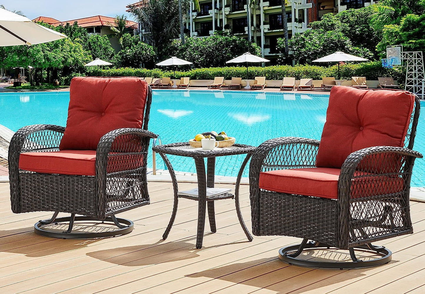 Techmilly 3 Pieces Patio Furniture Set, Outdoor Swivel Gliders Rocker, Wicker Patio Bistro Set with Rattan Rocking Chair for Porch Deck Backya (Navy Blue)