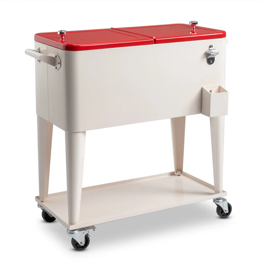 80 QT Rectangular Rolling Cooler Cart with Wheels, Portable Ice Chest with Bottle Opener and Storage Shelf, Outdoor Beverage Cart Ice Chest Cart for Patio Party, Picnic, BBQ, Camping, Red &White