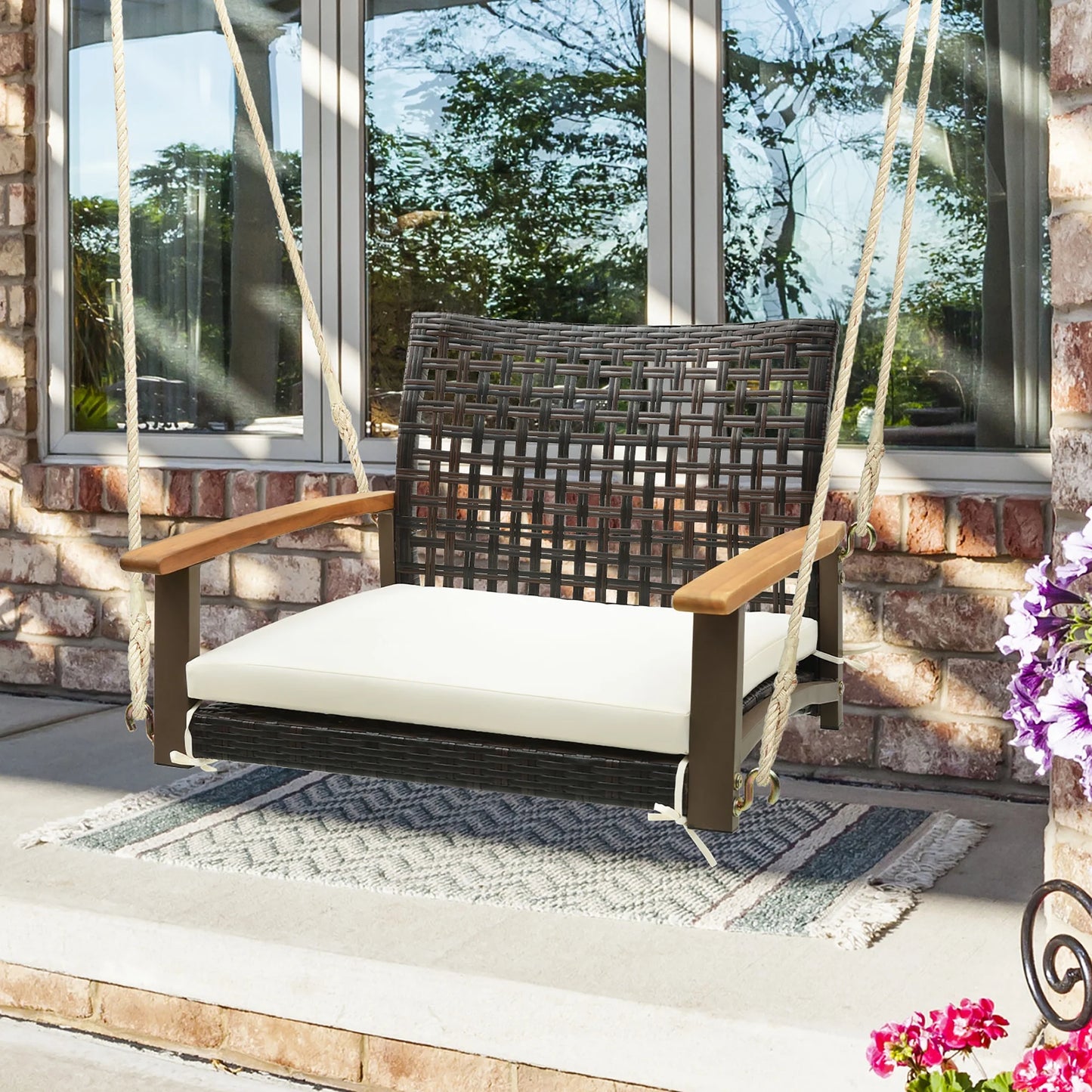 Gymax Rattan Porch Swing Patio Wicker Single Hanging Seat w/Seat Cushion & Acacia Wood Armrests