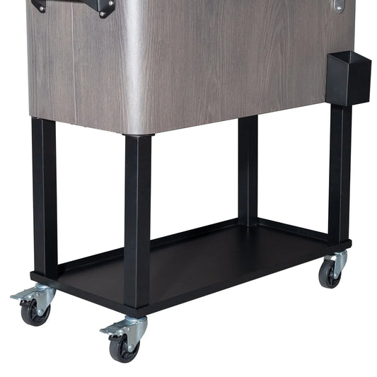 OverPatio 80QT Cooler Cart Rolling Function with Shelf Wood Grain Accent Ice Chest Gray