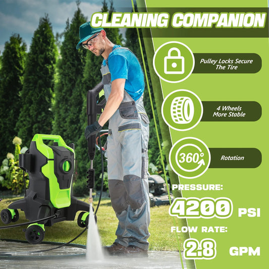 Electric Pressure Washer, 4000PSI Max. 2.8 GPM Power Washer w/32 ft Hose and 32 ft Power Cord, 4 Quick Connect Nozzles, 4 Wheels, Foam Cannon, Suitable For Clean Cars, Patios, Driveways