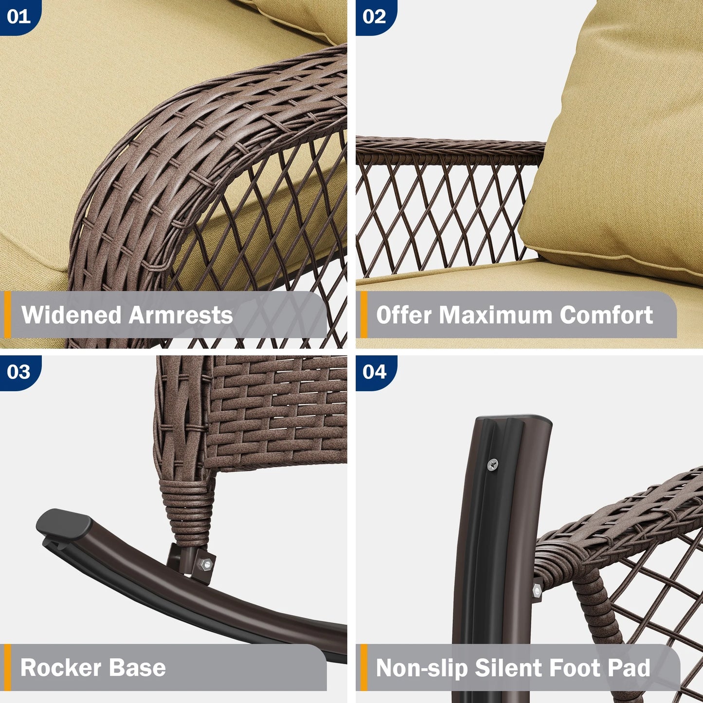 ELPOSUN 3-Piece Outdoor Rocking Chairs, Wicker Patio Furniture with Thickened Cushions and Table for Porch