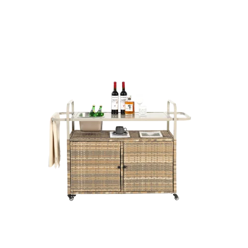 Yiweny Outdoor Rolling Wicker Bar Cart, Large Portable Outdoor Wicker Bar Table with Cabinet Storage and Glass Countertop, Patio Wicker Serving Bar Cart for Pool, Party, Backyard, Black