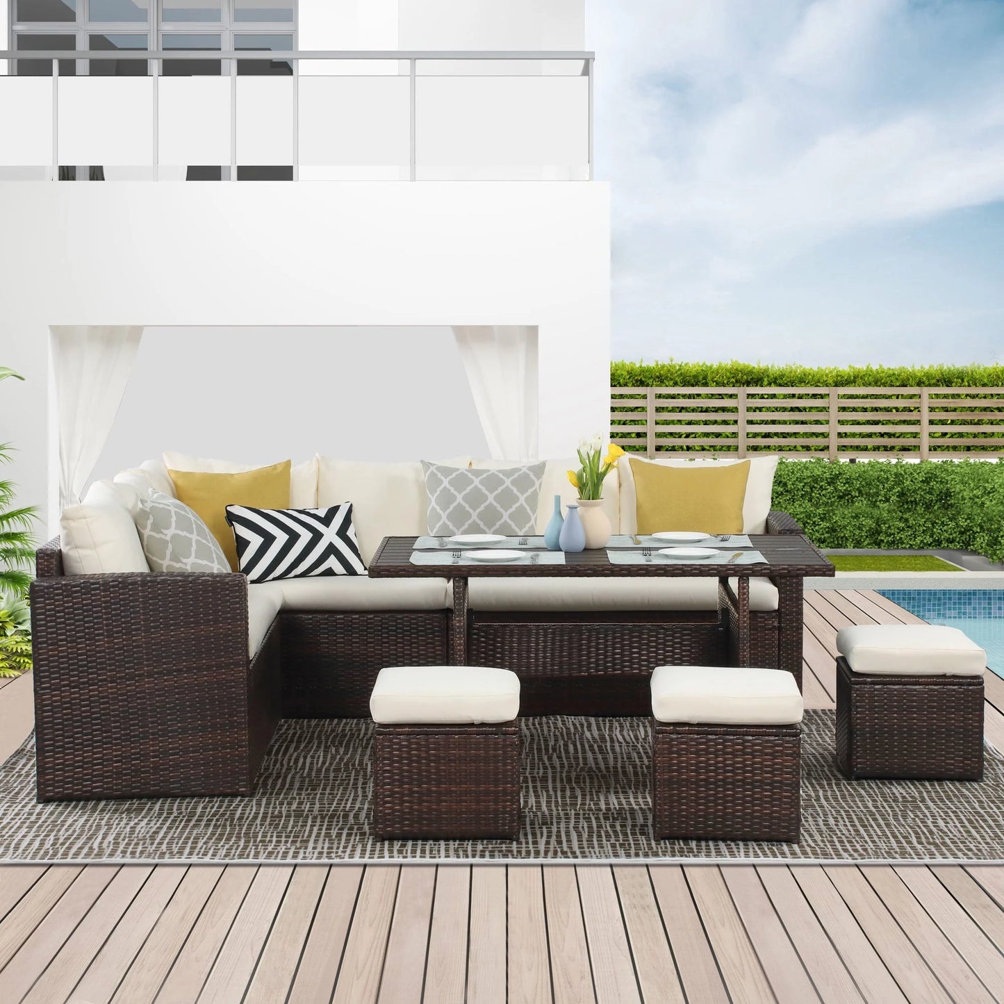 Superjoe 7 Pcs Outdoor Wicker Dining Set Patio Sectional Conversation Set with Table,Steel Frame,Ivory