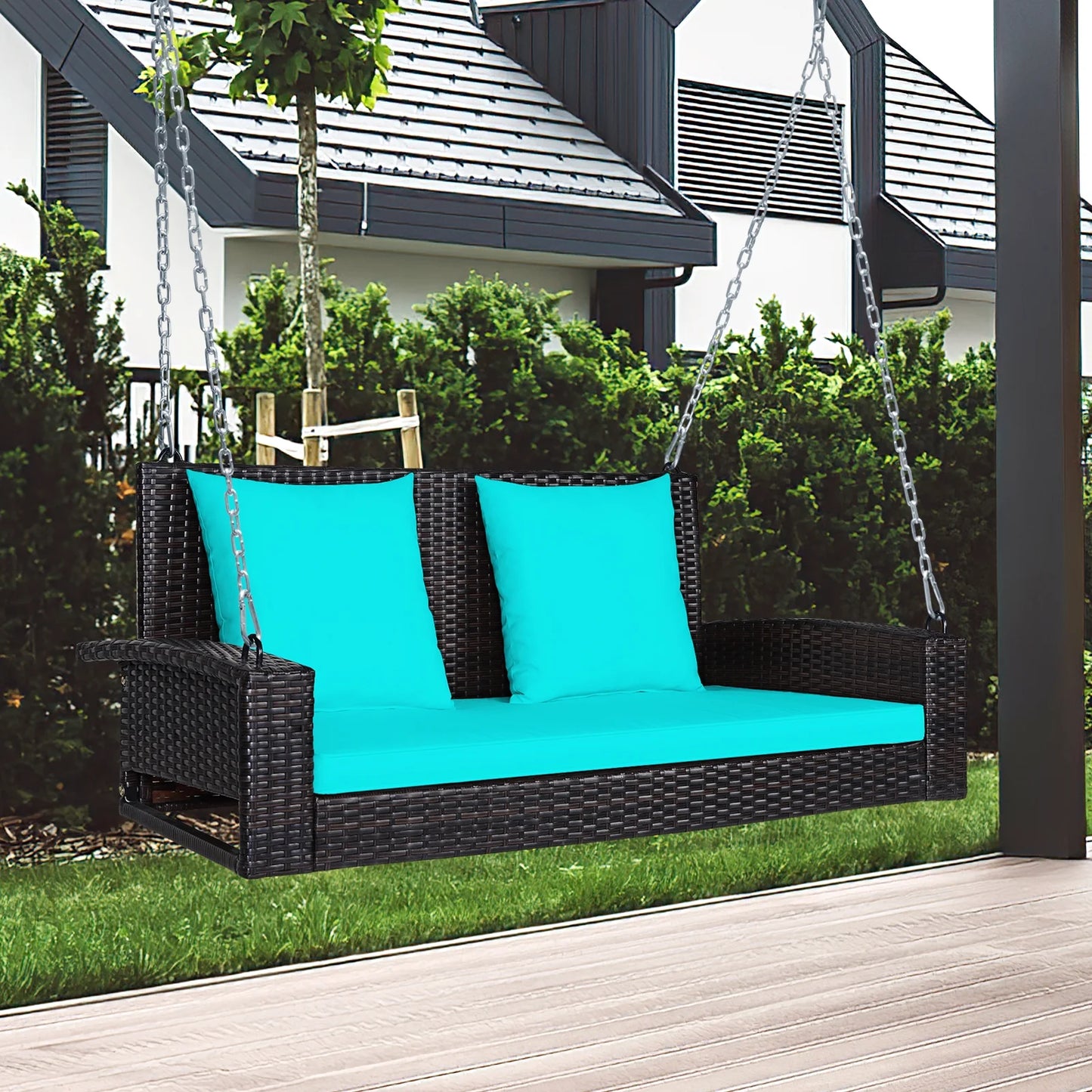 Topbuy Outdoor Wicker Porch Swing Bench 2-Person Patio Rattan Swing Chair W/Soft Cushions Black