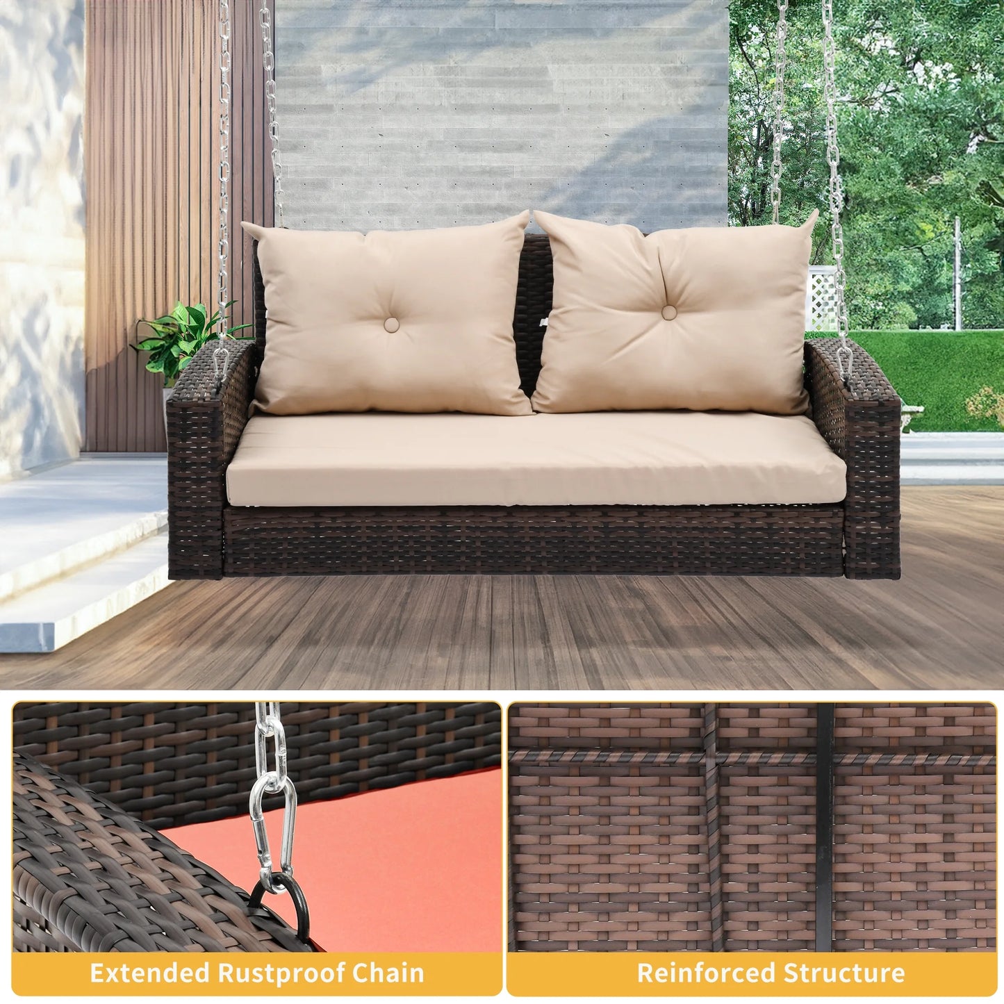 Dextrus Wicker Hanging Porch Swing Chair Outdoor Brown Rattan Patio Swing Lounge w/2 Back Cushions Capacity 530lbs for Garden, Balcony, Living Room, Beige