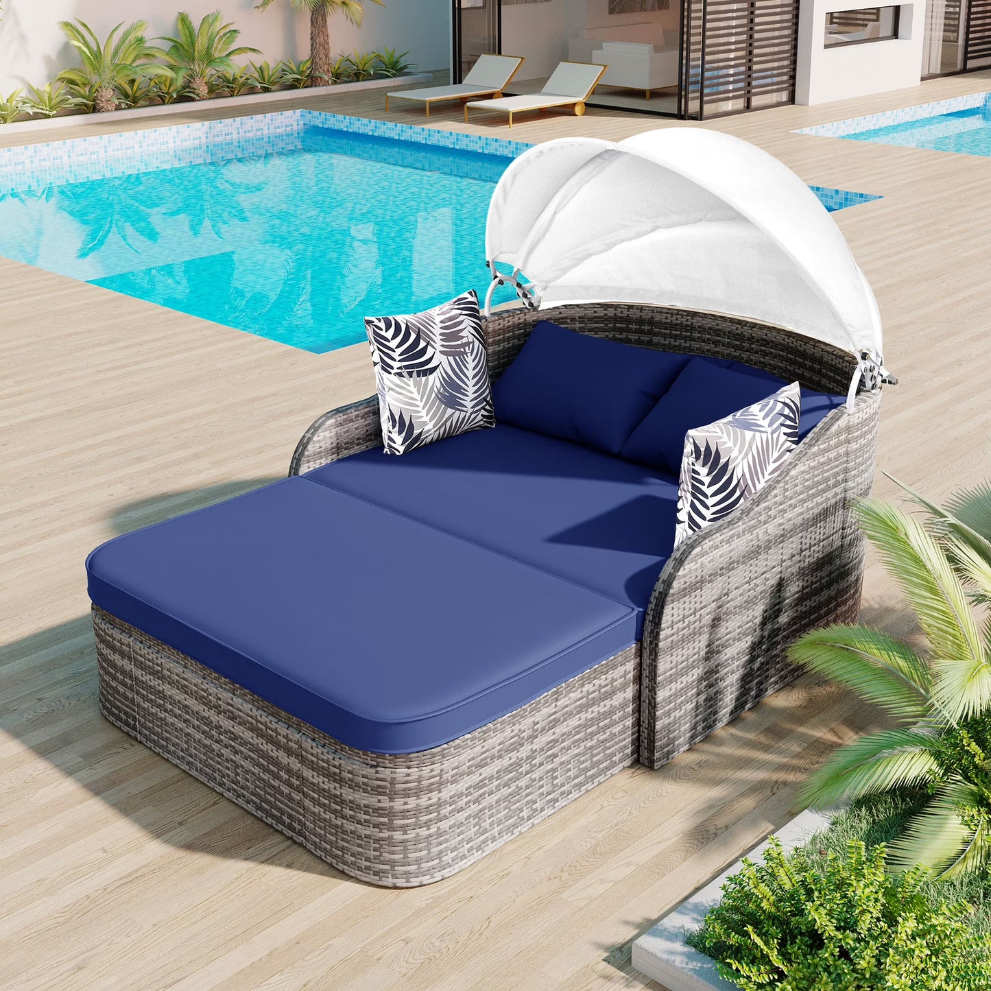 Harper & Bright Designs Rattan Outdoor Double Lounge Chaise 2-Person PE Wicker Outdoor Patio Sunbed with Canopy Cover for Backyard Garden Balcony, Beige+Black