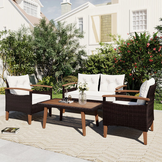 4 Piece Garden Furniture Set, Patio Seating Set with Wood Table, PE Rattan Sofa and 2 Chairs, Outdoor Conversation Set with Table Cover, Pillows and Adjustable Feet, Brown+Beige