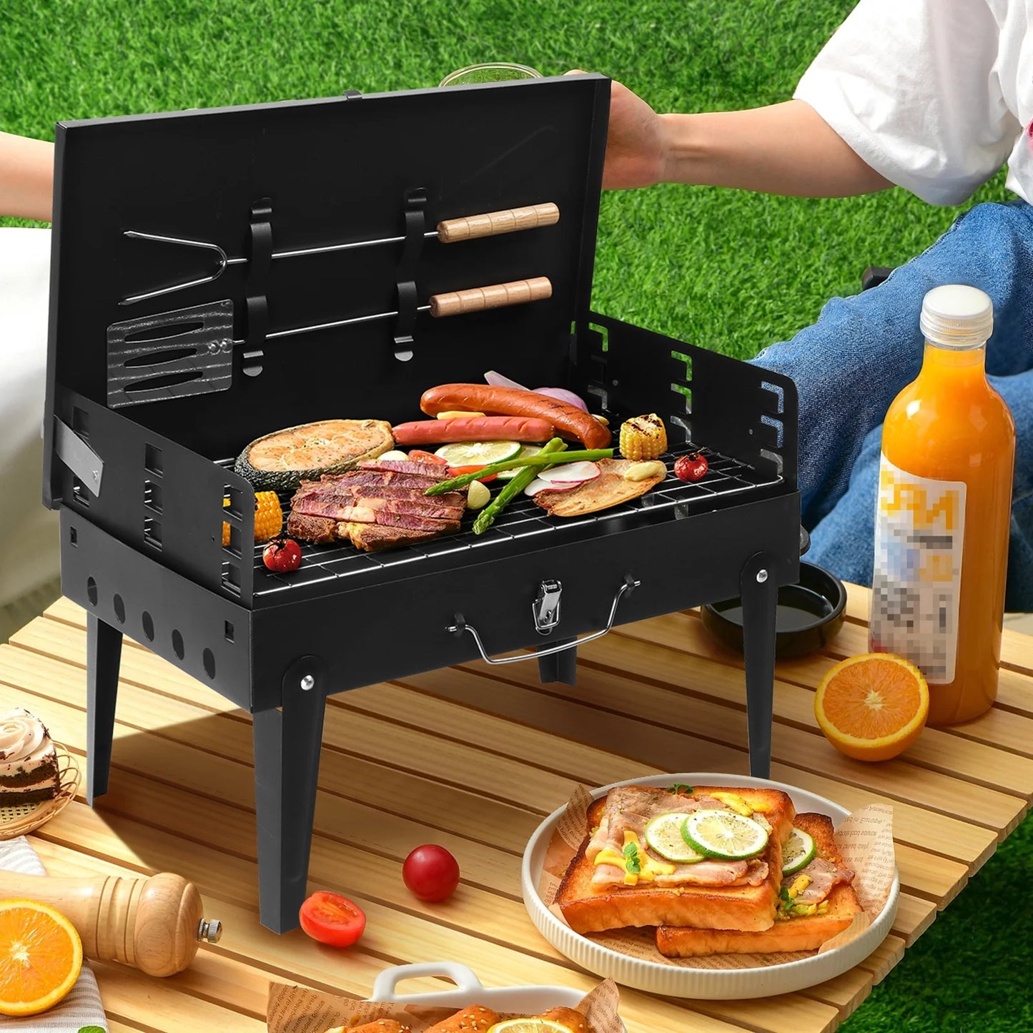 Portable BBQ Charcoal Grill for Patio, 24.4'' Charcoal Grill with Wood Shelf, Cooking Grate Charcoal Grill w/Temperature Gauge and Metal Grate, Premium Cooking Grate for Steak Chicken, Black, S5868
