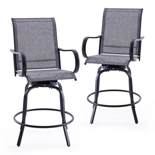 STARY Outdoor Bar Stools Set of 2, Swivel Patio Barstools with Textile Fabric,Ergonomic Comfort Bar Height Tall Outdoor Stools for Balcony,Dark Grey