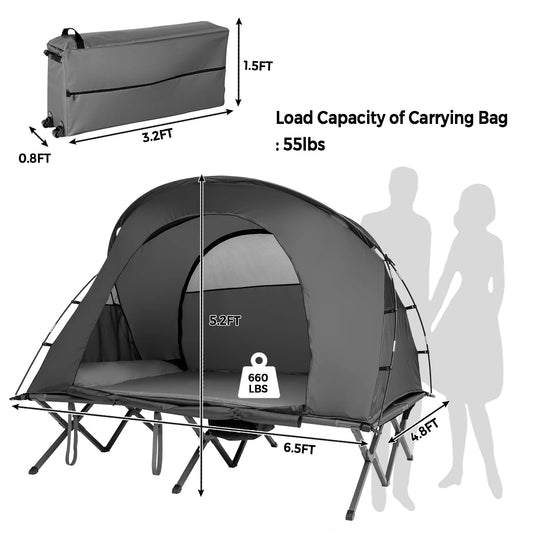 Patiojoy 2-Person Folding Camping Tent Cot Outdoor Elevated Tent w/External Cover Gray