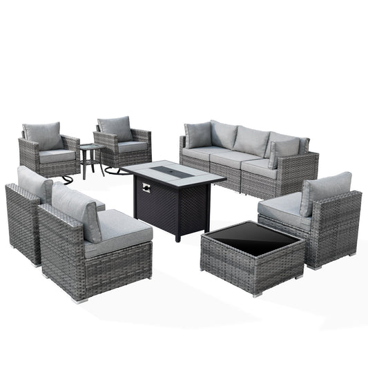 Ovios 11 Pieces Patio Fire Pit Set Outdoor Wicker Sectional Sofa Conversation Set with Swivel Rocking Chairs and Side Table,Dark Gray