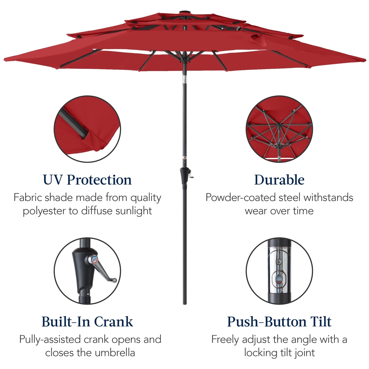 Best Choice Products 10ft 3-Tier Patio Umbrella, Market Sun Shade w/Tilt Adjustment, Easy Crank - Red