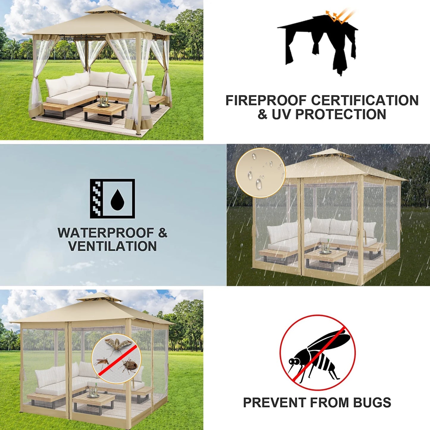 SANOPY 10' x 10' Gazebos for Patios, Gazebo Canopy with 4 Mosquito Netting, Rainproof & Sunscreen Shelter Tent with Double Eaves for Garden Backyard and Deck