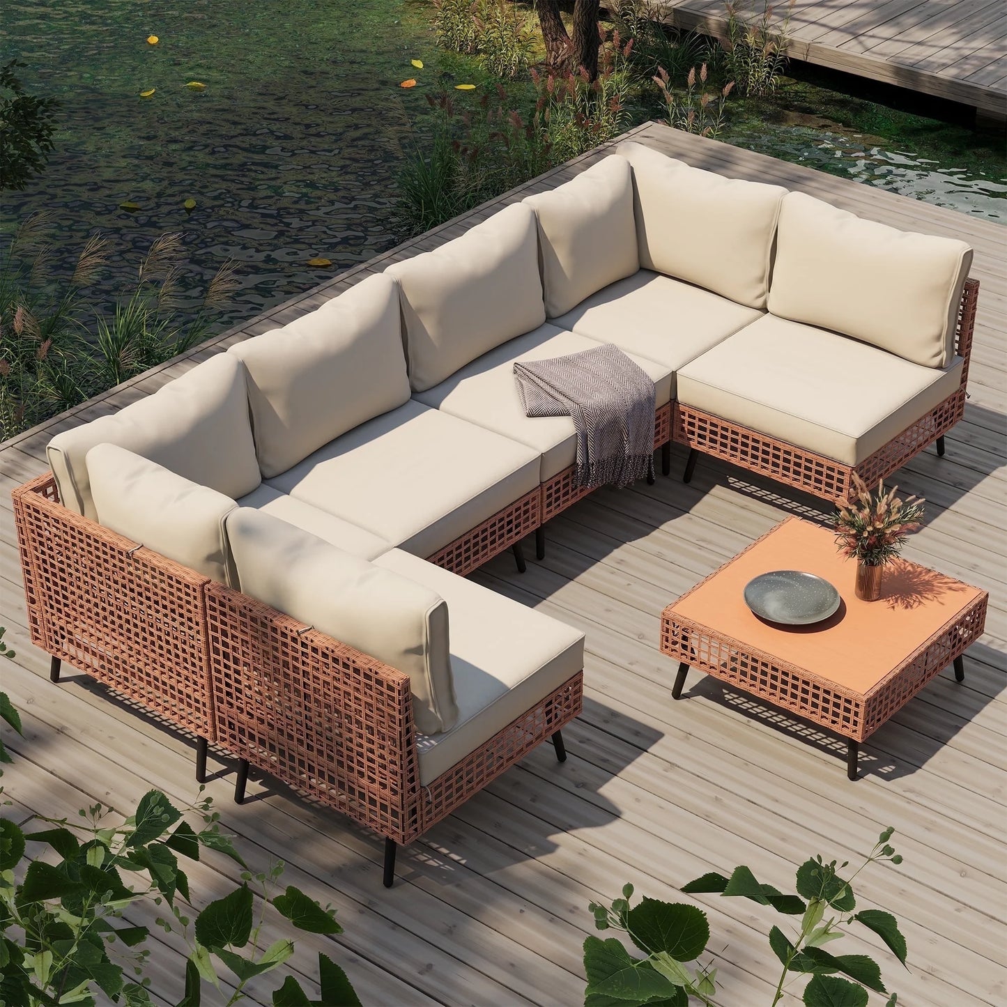 LAUSAINT HOME 7 Pieces Patio Furniture Set, Outdoor Wicker Conversation Sectional Set with Beige Cushions
