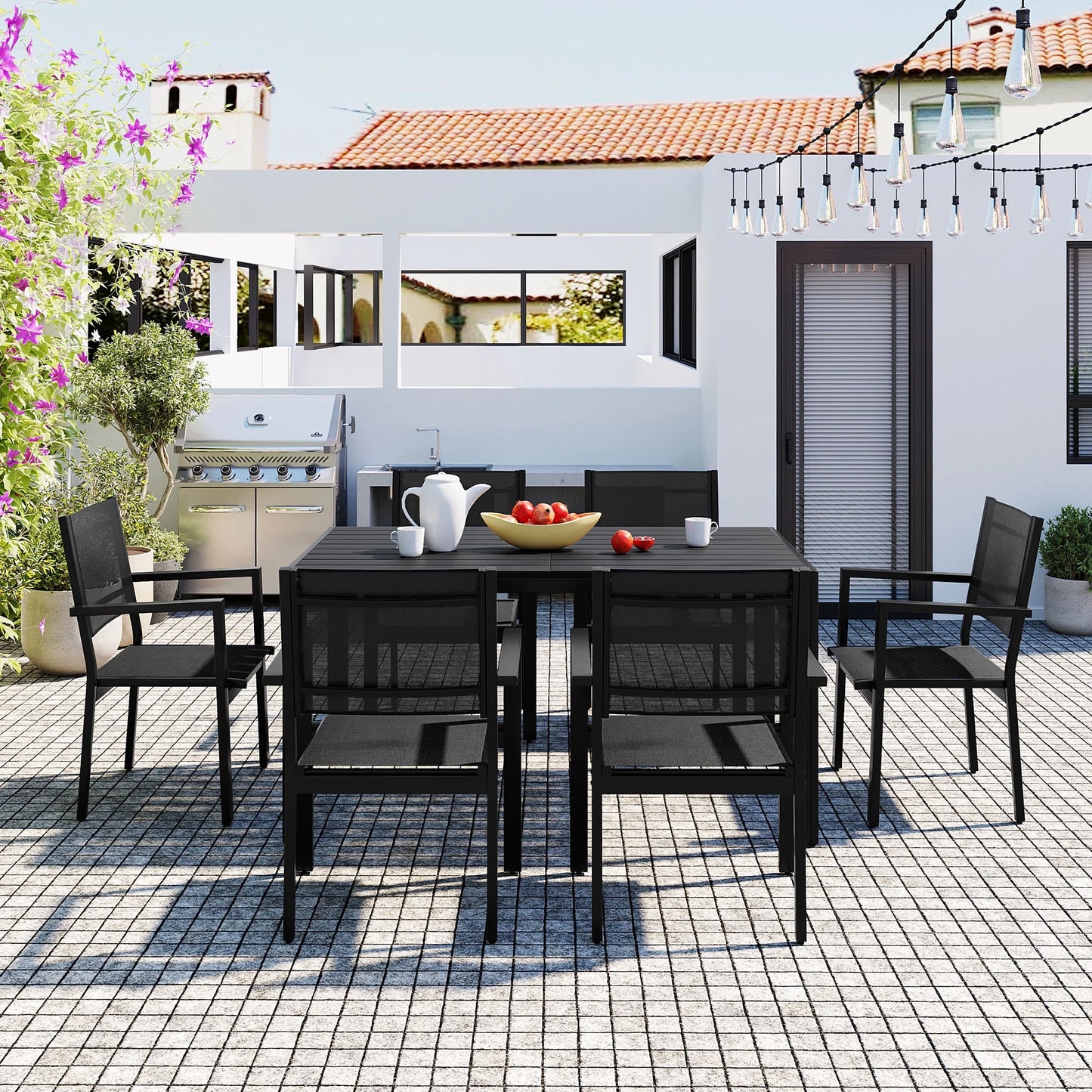 7 Piece Outdoor Dining Set, Patio Dining Table Set for 6 Persons, Garden Patio Textilene Dining Furniture Set with Plastic-Wood Tabletop, Dining Table Chairs Conversation Set for Deck Patio