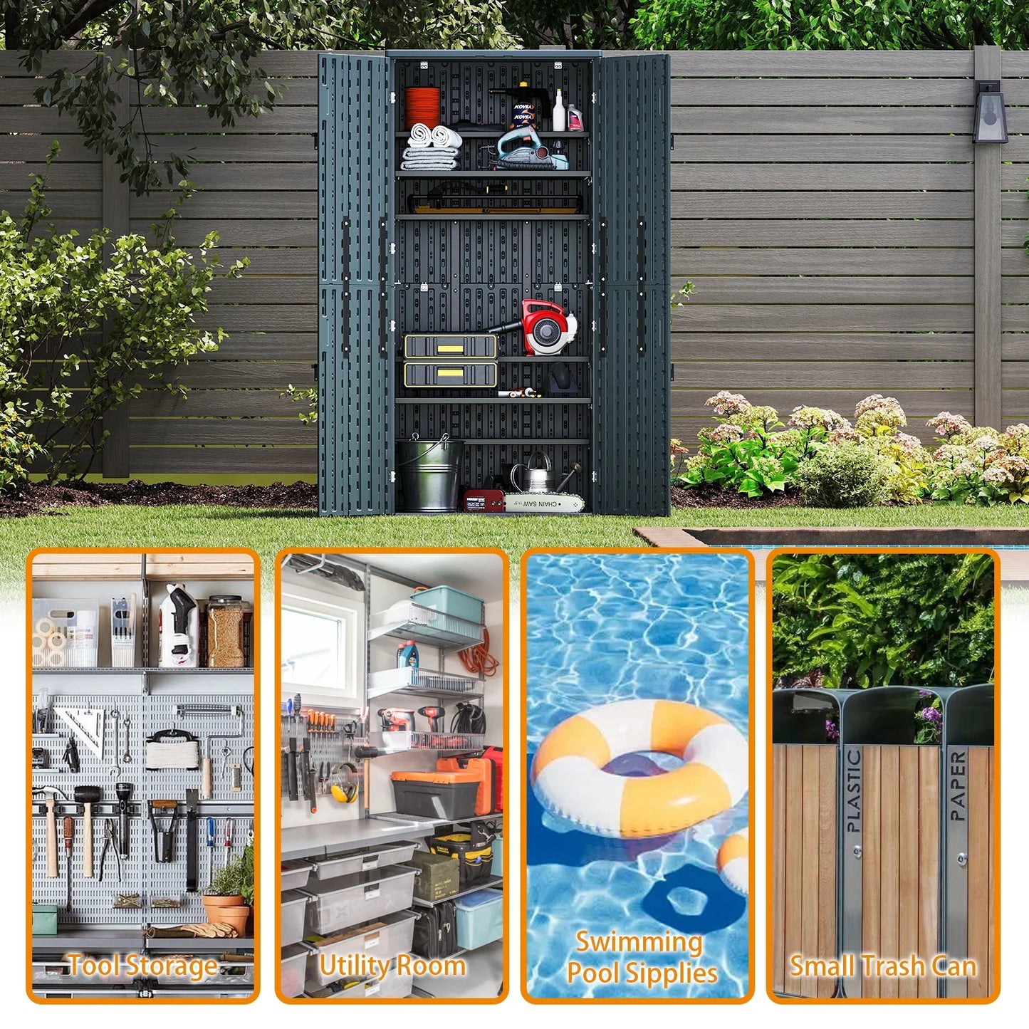 ZYJOYY 15 Cu.Ft Resin Outdoor Storage Shed with Floor & 2 Shelves, Lockable Waterproof Backyard Horizontal Cabinet for Patio, Garden Tools & Equipment,Sage Grey
