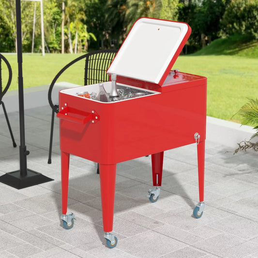 YRLLENSDAN 80 Quart Outdoor Coolers Cart, Rolling Ice Chest Cooler Cart with Wheels, Standing Party Beverage Coolers with Handles and Drain, for Patio, Camping, Picnic, Backyard, Red