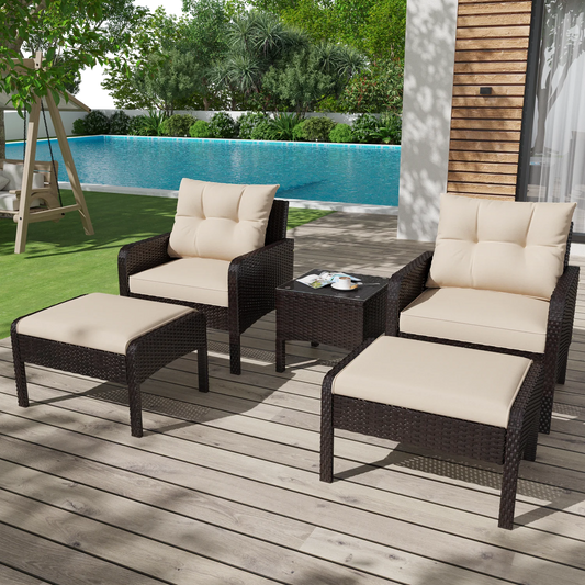 AECOJOY 5 Piece Patio Furniture Set Rattan Wicker Chair with Table Ottoman Patio Conversation Set for Porch in Beige