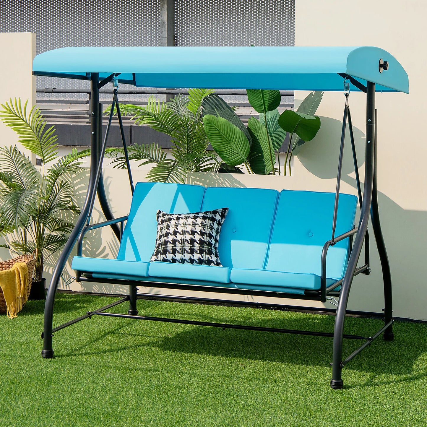 Gymax 3-Seat Outdoor Converting Patio Swing Glider Adjustable Canopy Porch Swing Beige