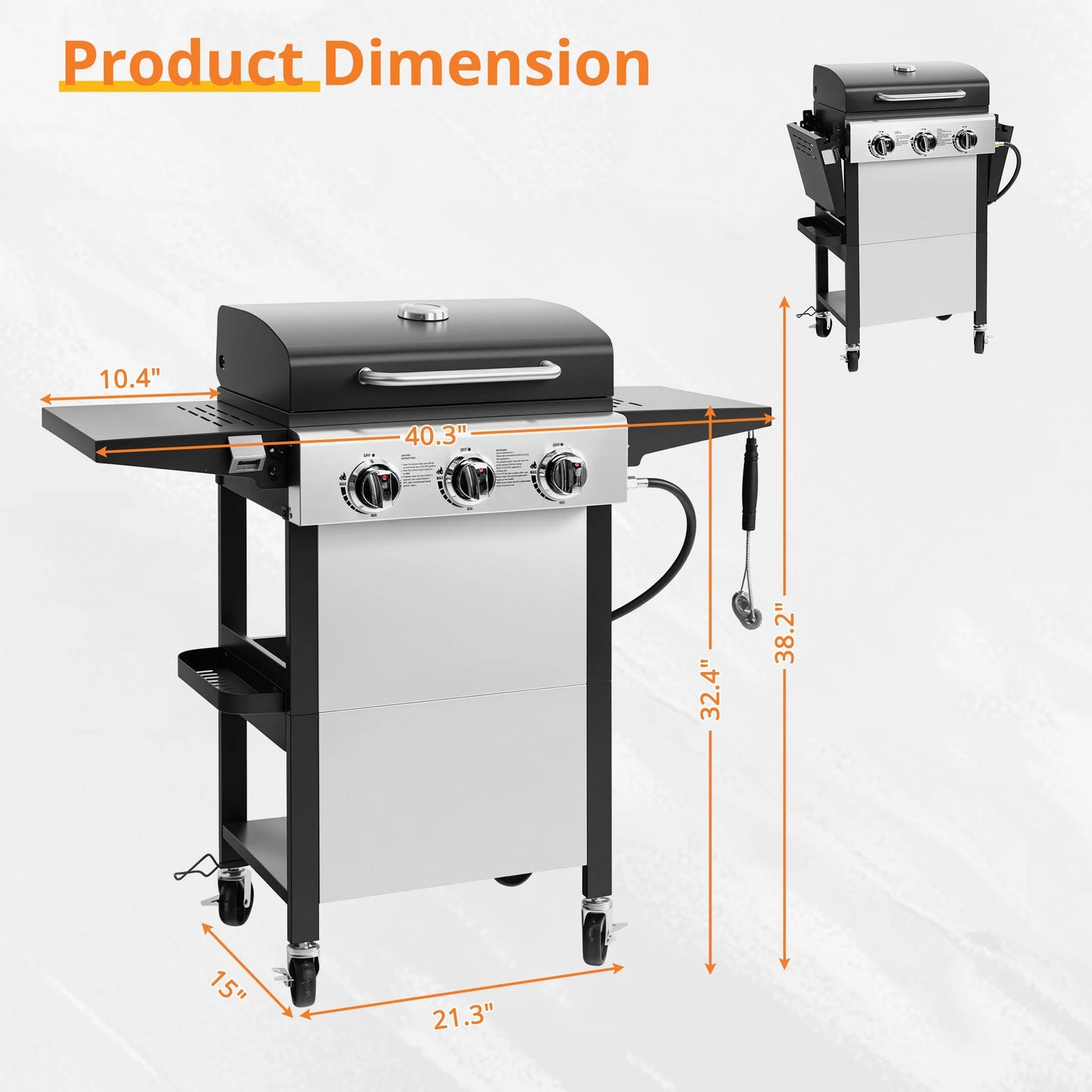 Yardmaster 3-Burner Propane Gas Grill with Side Table, Stainless Steel BBQ Grill Outdoor Cooking with Grates and Warming Rack, 30,000 Btu Barbecue Grill for Patio, Camping