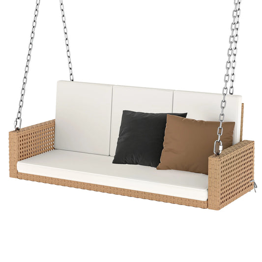 ModFusion 3-Seater Patio Rattan Porch Swing Chair Bench with Chains, Heavy Duty 880lbs, Beige
