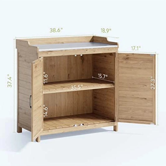 Gizoon Outdoor Potting Bench with Metal Tabletop, Outdoor Garden Patio Wooden Storage Cabinet with Adjustable Shelf, Double Doors Garden Work Bench for Backyard, Patio, Lawn - Natu