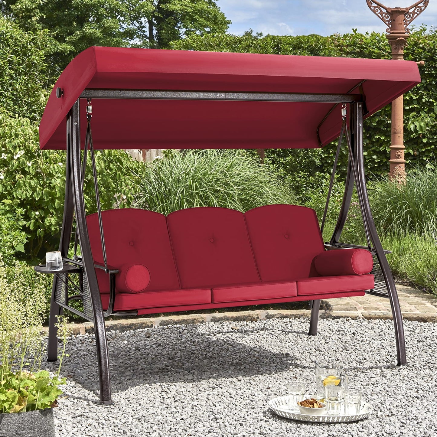 Homrest 3 Person Patio Outdoor Porch Swing with Adjustable Canopy, Backrest, Swing Bed with Stand for Garden,Deck