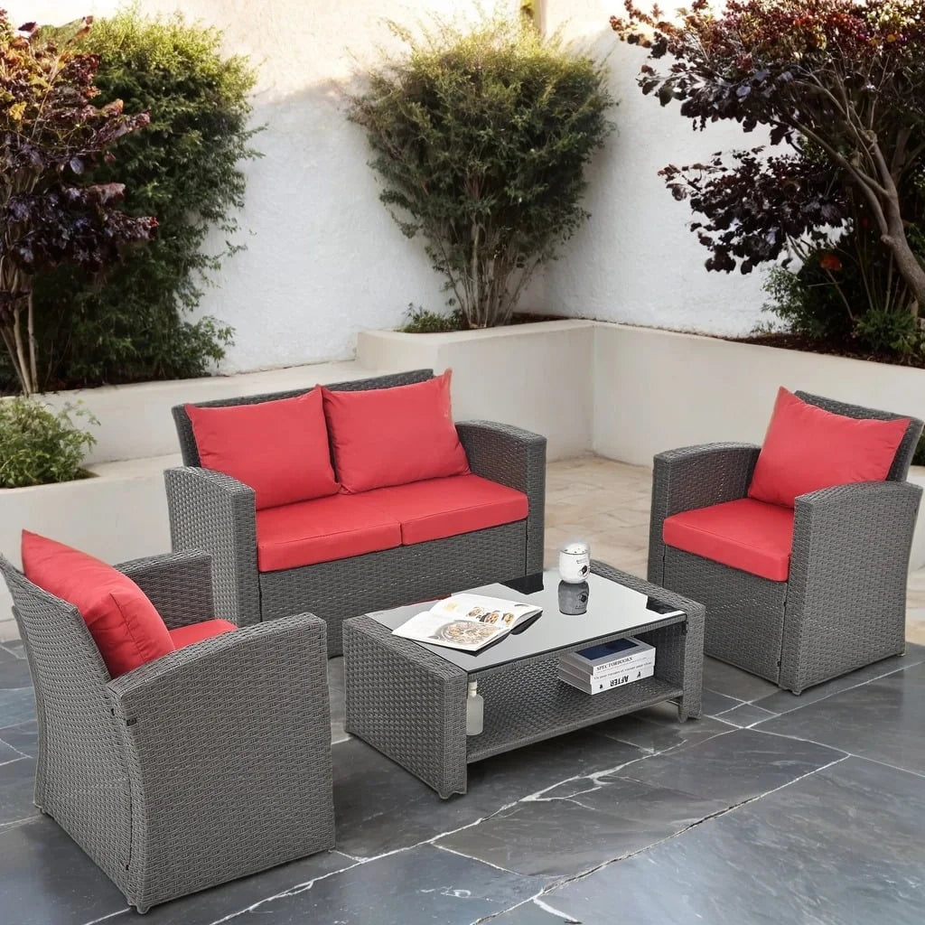 HighSound 4 Piece Patio Furniture Set, Outdoor Wicker Patio Sectional Sofa, All Weather PE Rattan Outdoor Sectional with Cushions & Coffee Table, Dark Gray