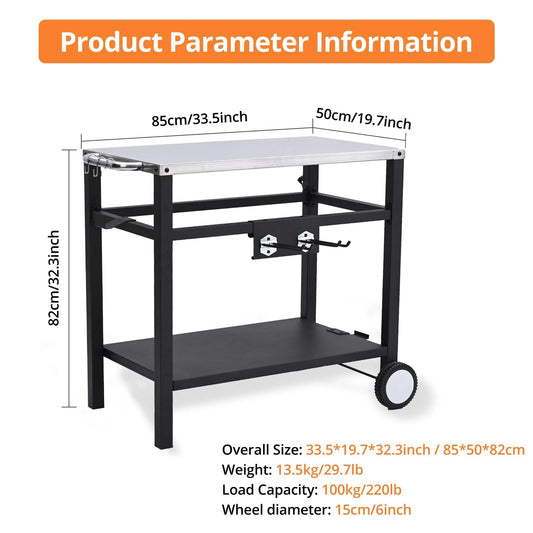 Dining Cart,Outdoor Grill Cart with Double-Shelf,with 4 Hooks, Side Handle,Wheels,Cooking Table for Outdoors, Kitchen or Backyard Patio, Movable BBQ Trolley,Multifunctional and Commercial